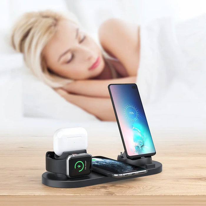 B07C 6-in-1 Desktop Phone Watch Earphone Charging Stand Wireless Charger - Black - 5