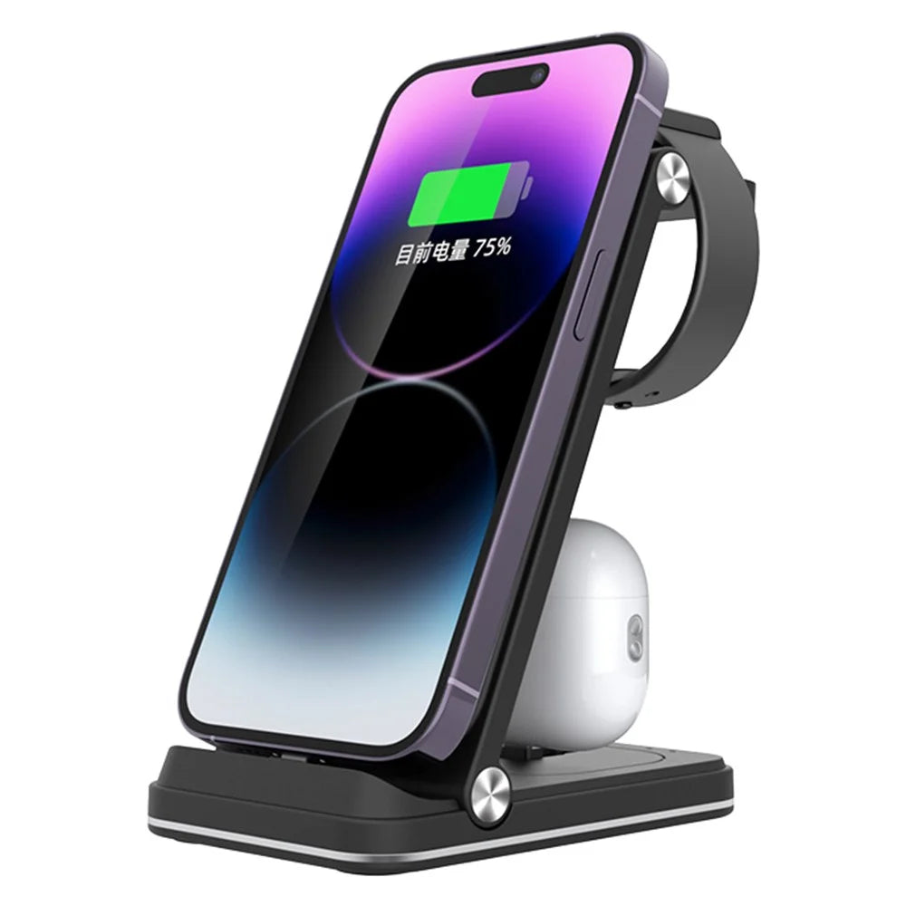 B27 3-in-1 Foldable Wireless Charger Phone Watch Earphone Charging Dock - Black - 1