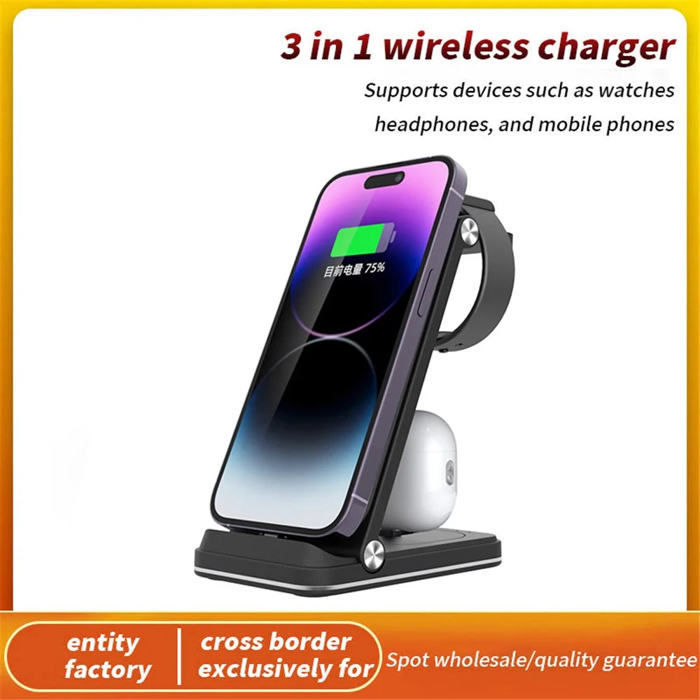 B27 3-in-1 Foldable Wireless Charger Phone Watch Earphone Charging Dock - Black - 3