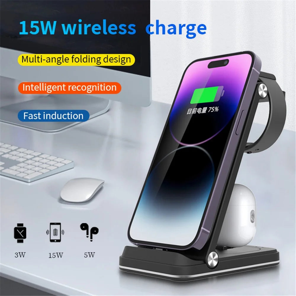 B27 3-in-1 Foldable Wireless Charger Phone Watch Earphone Charging Dock - Black - 4