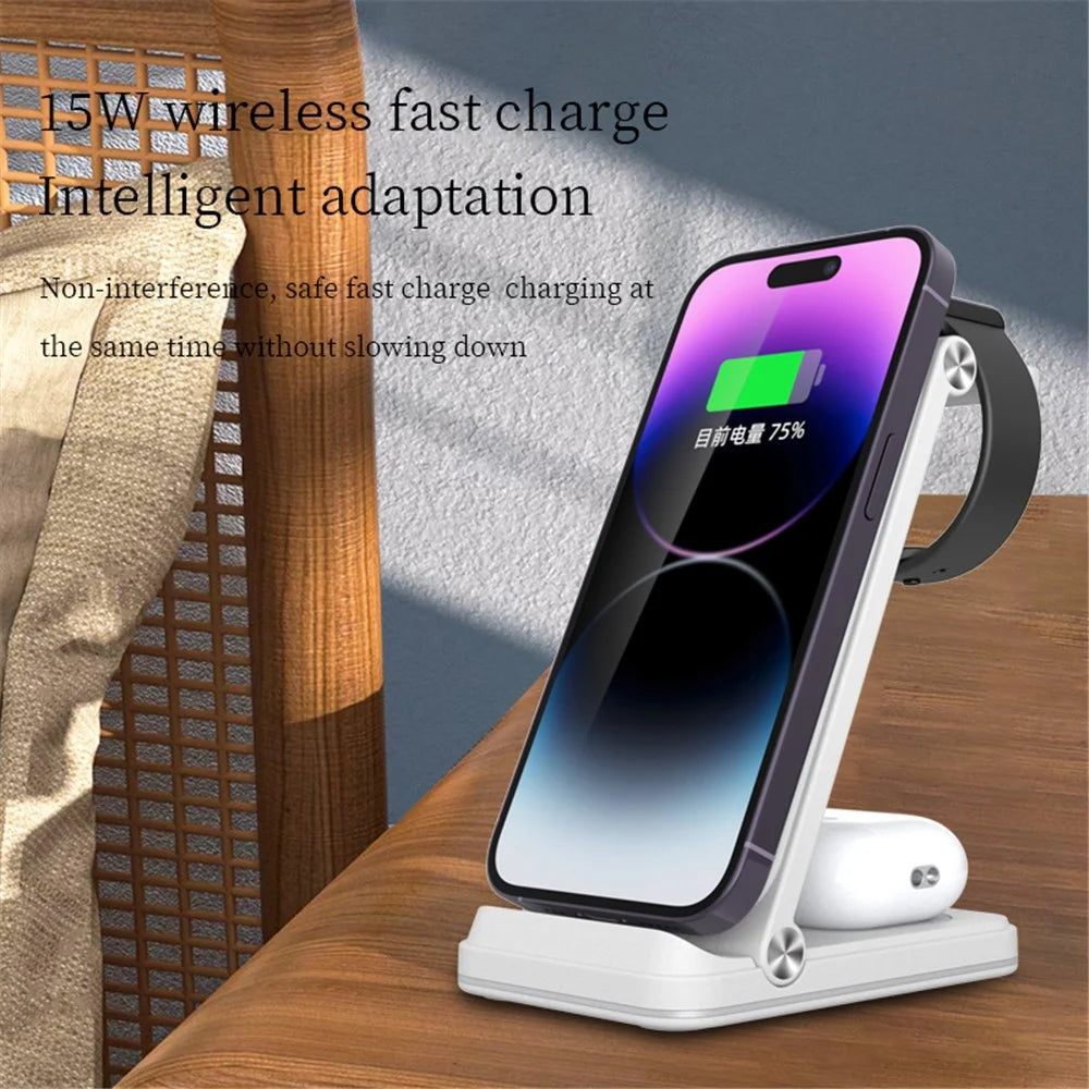 B27 3-in-1 Foldable Wireless Charger Phone Watch Earphone Charging Dock - Black - 5
