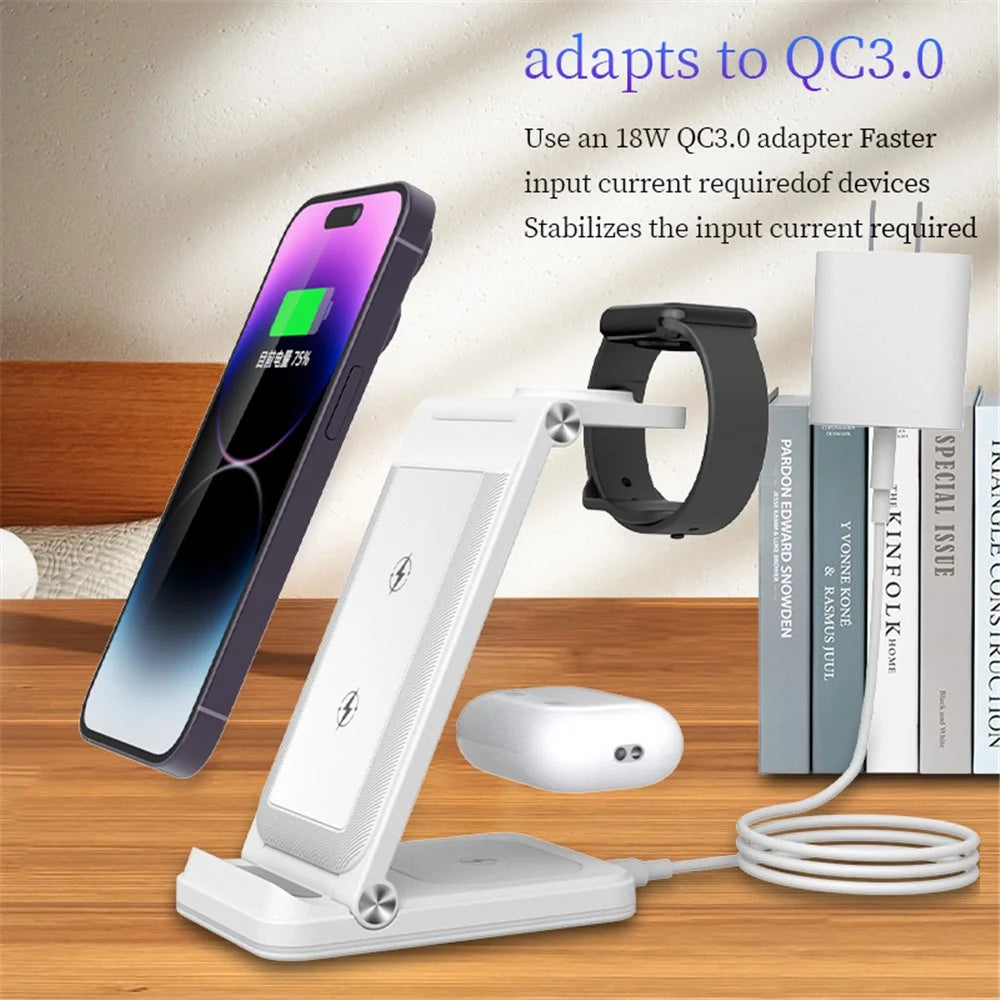 B27 3-in-1 Foldable Wireless Charger Phone Watch Earphone Charging Dock - Black - 6