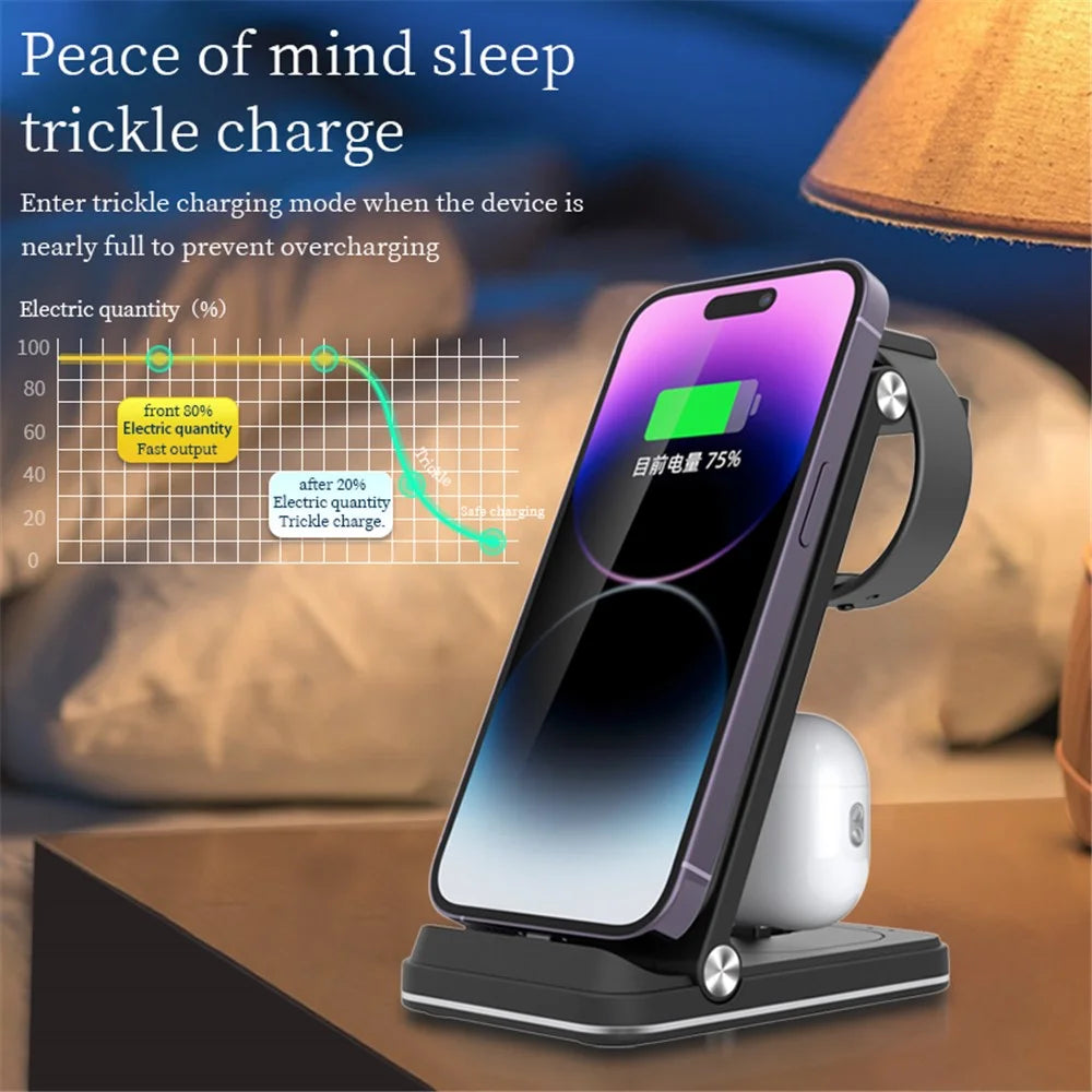 B27 3-in-1 Foldable Wireless Charger Phone Watch Earphone Charging Dock - Black - 7