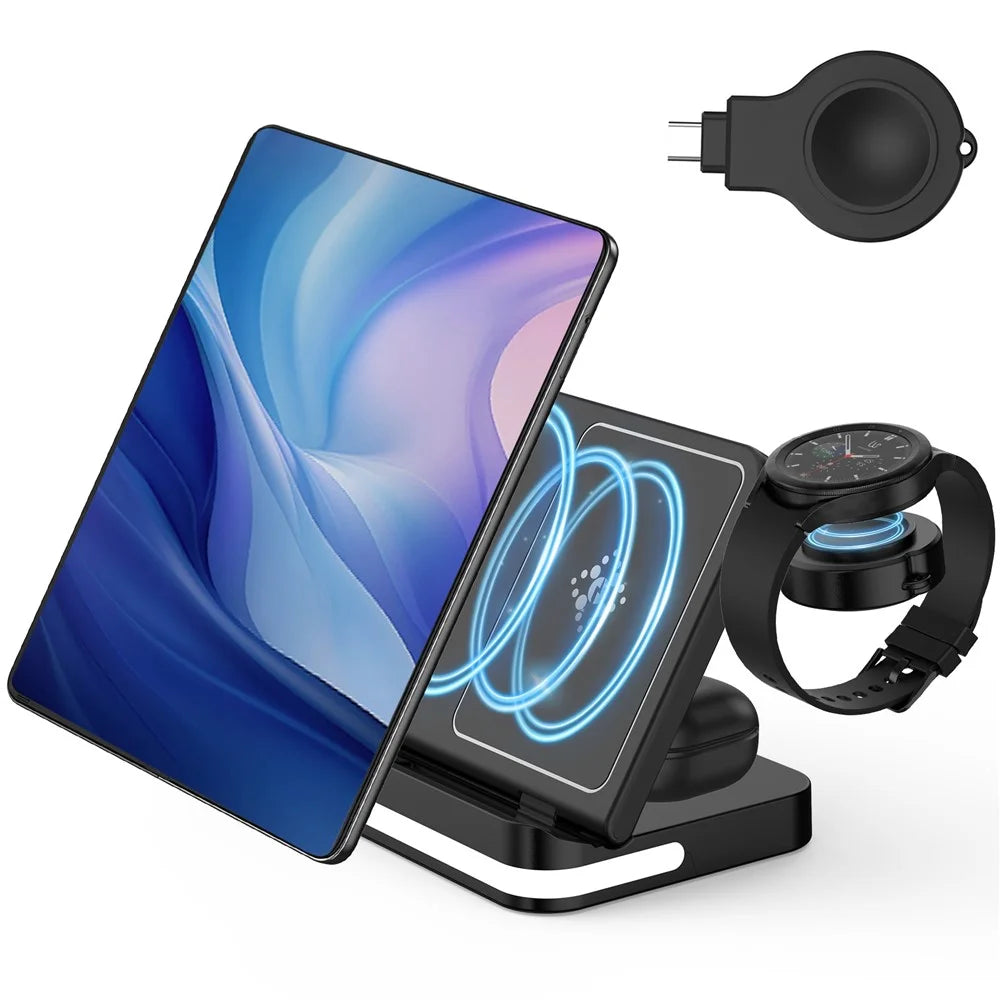 B26 For Samsung Watch Wireless Charger Foldable Phone Earphone Smartwatch 3-in-1 Charging Stand - Black - 1