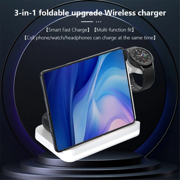 B26 For Samsung Watch Wireless Charger Foldable Phone Earphone Smartwatch 3-in-1 Charging Stand - Black - 3