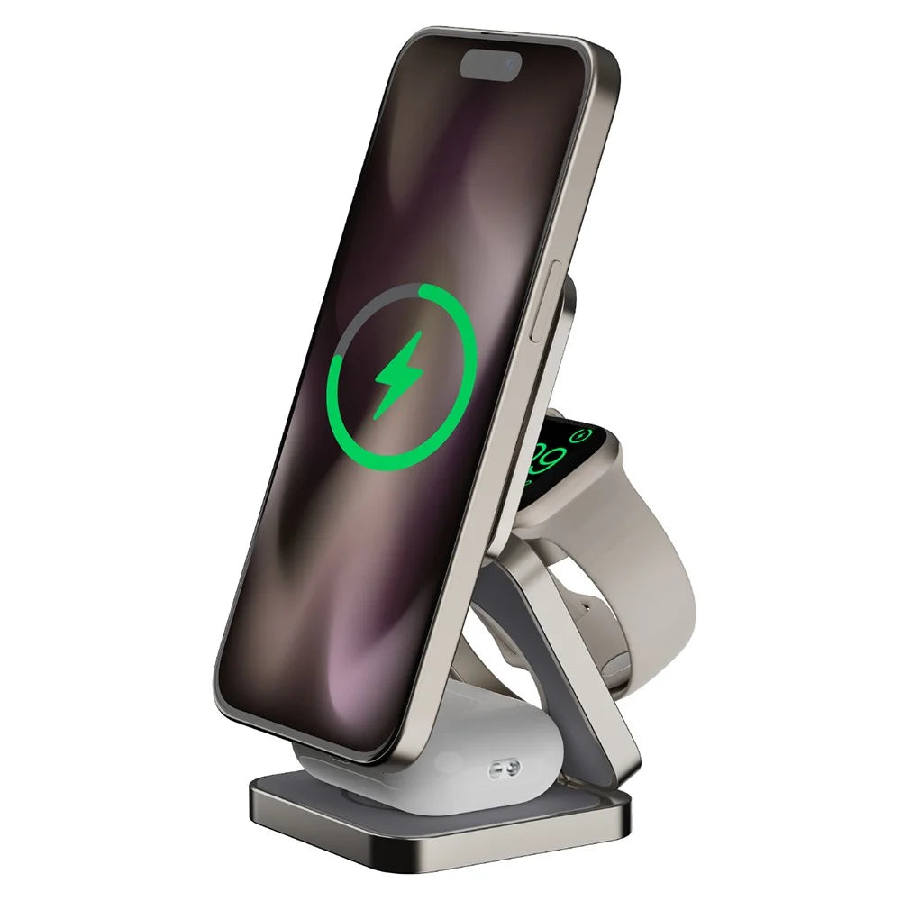 MOMAX Q2.Mag Go Watch / Earphone / Phone 3-in-1 Foldable Charging Stand Magnetic Wireless Charger, Qi2+MFW Certified - Titanium - 2