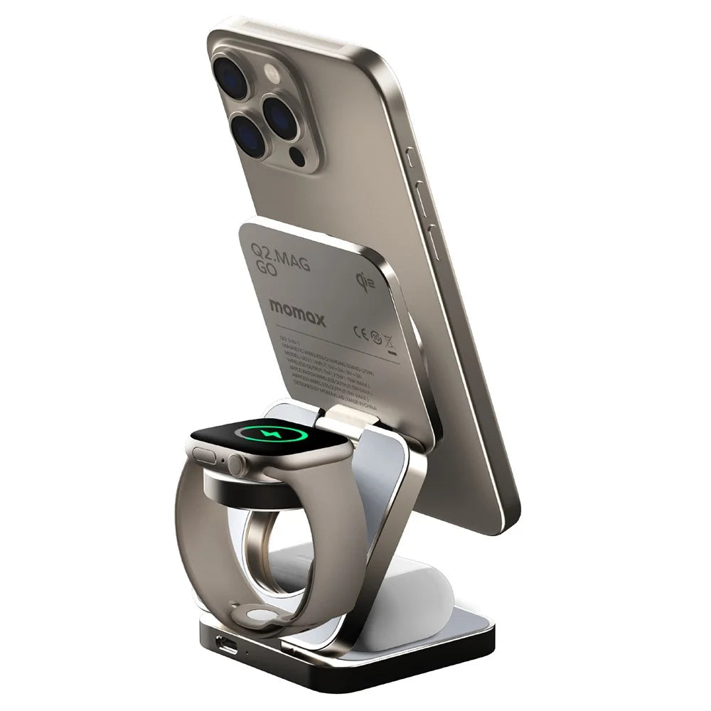 MOMAX Q2.Mag Go Watch / Earphone / Phone 3-in-1 Foldable Charging Stand Magnetic Wireless Charger, Qi2+MFW Certified - Titanium - 3