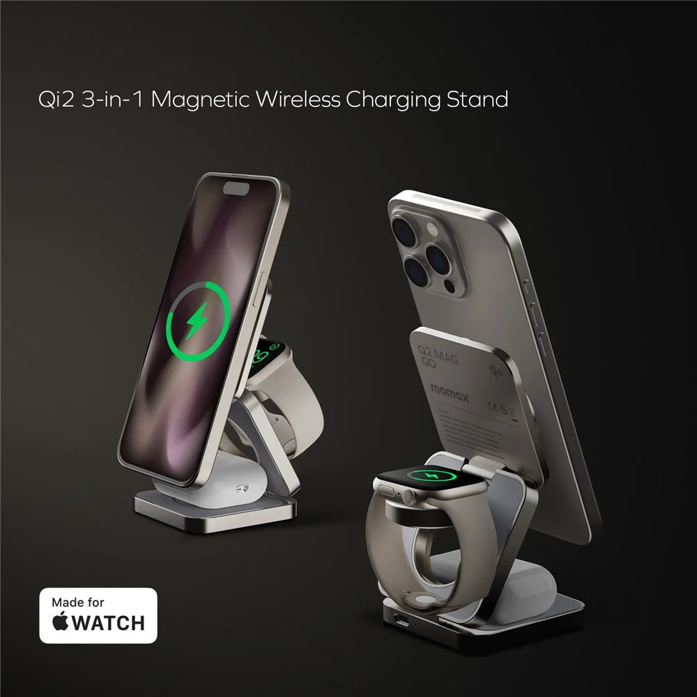 MOMAX Q2.Mag Go Watch / Earphone / Phone 3-in-1 Foldable Charging Stand Magnetic Wireless Charger, Qi2+MFW Certified - Titanium - 4