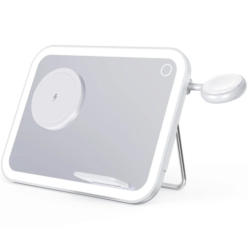 V22 3-in-1 Wireless Charger with LED Makeup Mirror and Night Light - White - 1