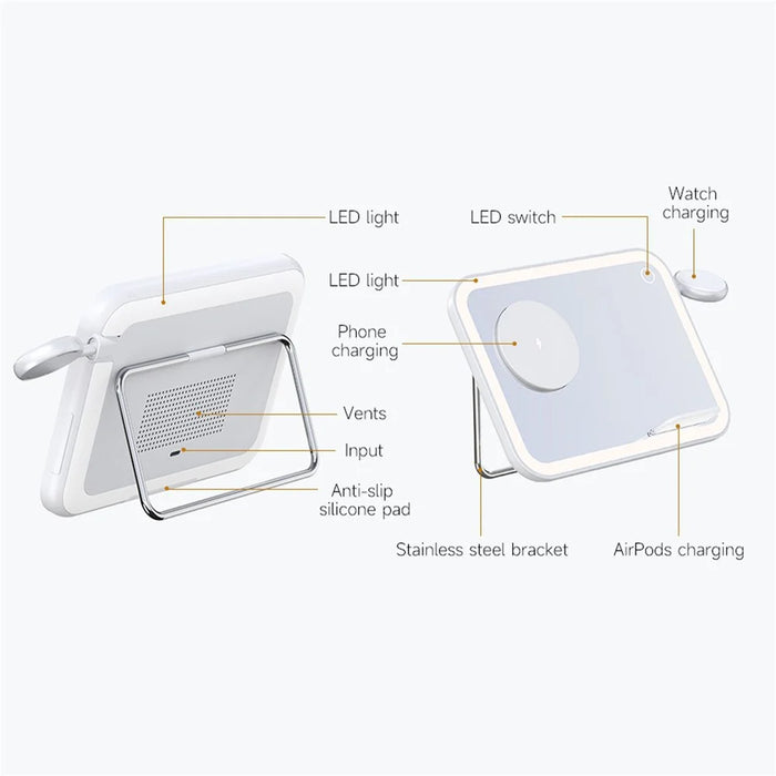 V22 3-in-1 Wireless Charger with LED Makeup Mirror and Night Light - White - 3