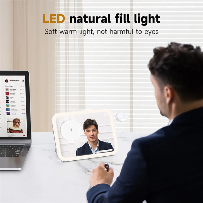 V22 3-in-1 Wireless Charger with LED Makeup Mirror and Night Light - White - 4