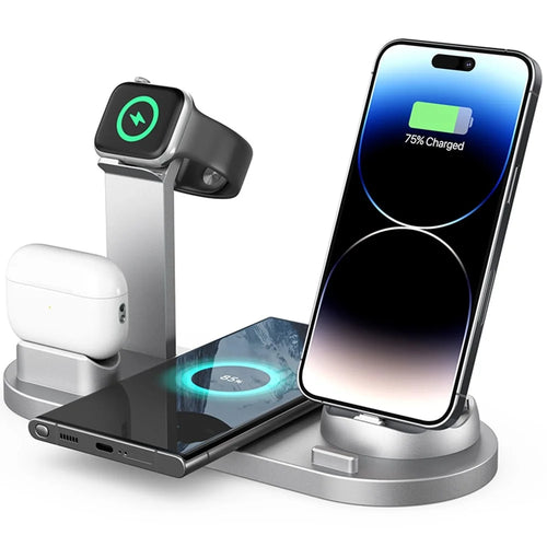 B07A For iPhone / iWatch / AirPods 6-in-1 Desktop Charging Stand 15W Wireless Charging Charger - Silver - 1