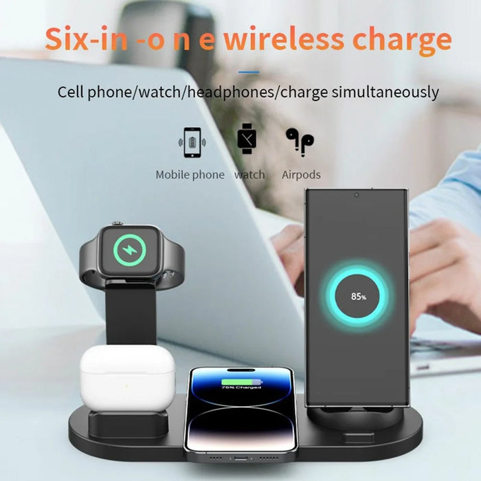 B07A For iPhone / iWatch / AirPods 6-in-1 Desktop Charging Stand 15W Wireless Charging Charger - Silver - 2
