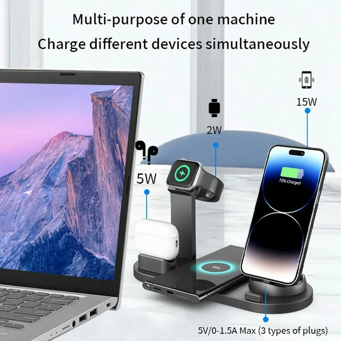 B07A For iPhone / iWatch / AirPods 6-in-1 Desktop Charging Stand 15W Wireless Charging Charger - Silver - 3