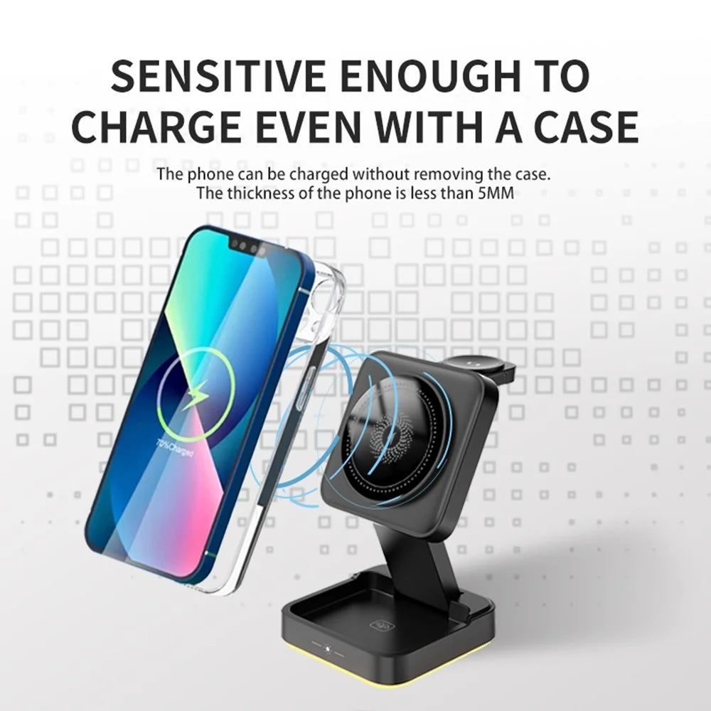 LHT-69 Phone Watch Earphone 3-in-1 Desktop Charging Stand Foldable Magnetic Wireless Charger - Black - 4