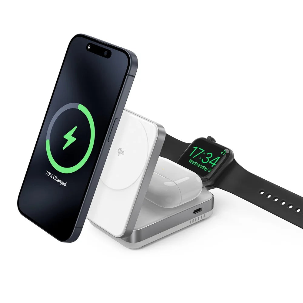 YF-M27 3 in 1 Qi2 Magnetic Wireless Charger Aluminum Alloy Frame 15W Foldable Charging Station for iPhone / Apple Watch / AirPods - White - 1