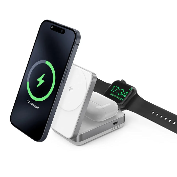 YF-M27 3 in 1 Qi2 Magnetic Wireless Charger Aluminum Alloy Frame 15W Foldable Charging Station for iPhone / Apple Watch / AirPods - White - 1