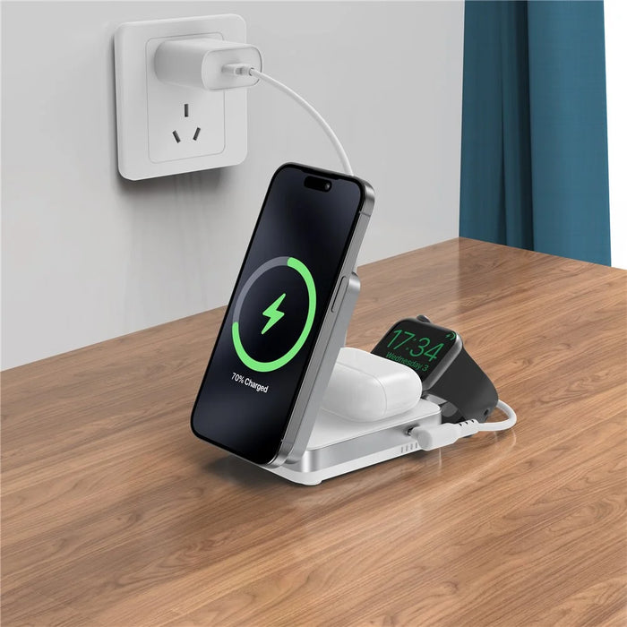 YF-M27 3 in 1 Qi2 Magnetic Wireless Charger Aluminum Alloy Frame 15W Foldable Charging Station for iPhone / Apple Watch / AirPods - White - 5