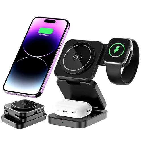 A390 Foldable 3 in 1 Magnetic Wireless Charger Stand for iPhone / Apple Watch / AirPods 15W Fast Charging Station - Black - 1