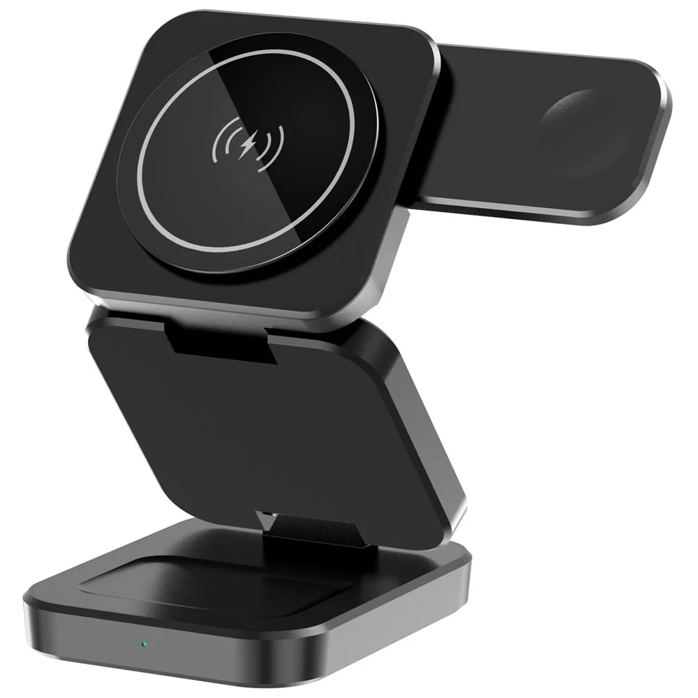 A390 Foldable 3 in 1 Magnetic Wireless Charger Stand for iPhone / Apple Watch / AirPods 15W Fast Charging Station - Black - 2