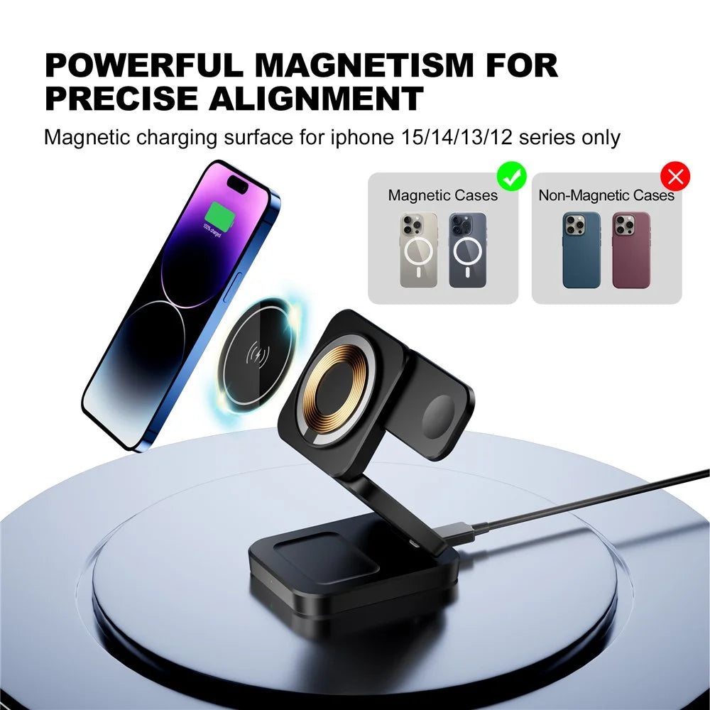 A390 Foldable 3 in 1 Magnetic Wireless Charger Stand for iPhone / Apple Watch / AirPods 15W Fast Charging Station - Black - 3