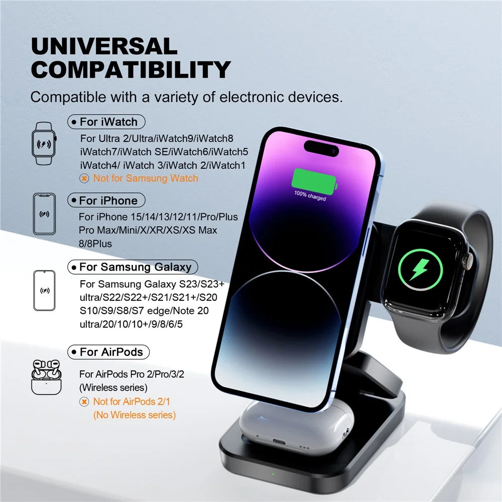 A390 Foldable 3 in 1 Magnetic Wireless Charger Stand for iPhone / Apple Watch / AirPods 15W Fast Charging Station - Black - 4