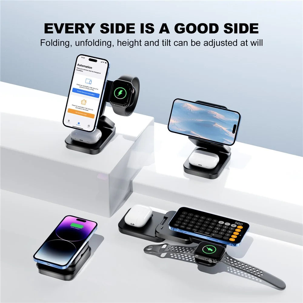 A390 Foldable 3 in 1 Magnetic Wireless Charger Stand for iPhone / Apple Watch / AirPods 15W Fast Charging Station - Black - 5