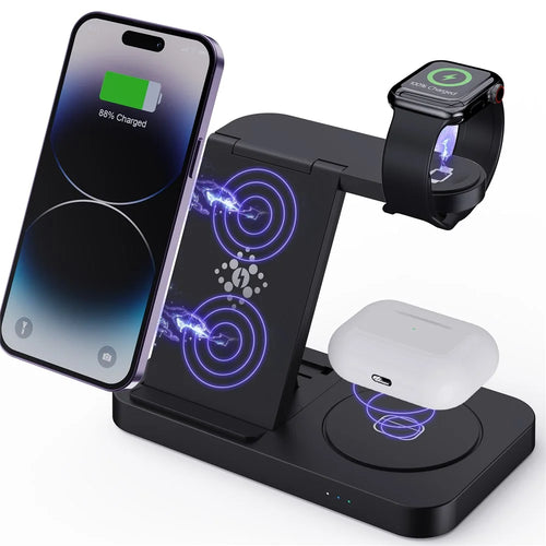 B-18C 3 in 1 Wireless Charger 15W Fast Charging Station Charger Stand for Apple Watch, Iphone, AirPods - Black - 1