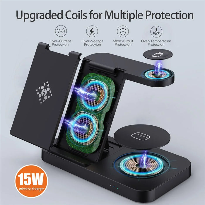 B-18C 3 in 1 Wireless Charger 15W Fast Charging Station Charger Stand for Apple Watch, Iphone, AirPods - Black - 2