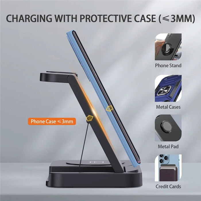 B-18C 3 in 1 Wireless Charger 15W Fast Charging Station Charger Stand for Apple Watch, Iphone, AirPods - Black - 4