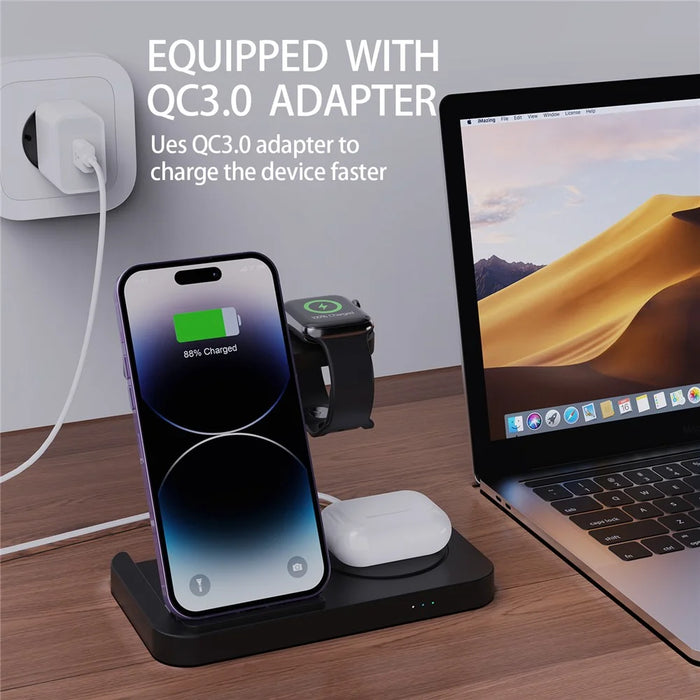 B-18C 3 in 1 Wireless Charger 15W Fast Charging Station Charger Stand for Apple Watch, Iphone, AirPods - Black - 6