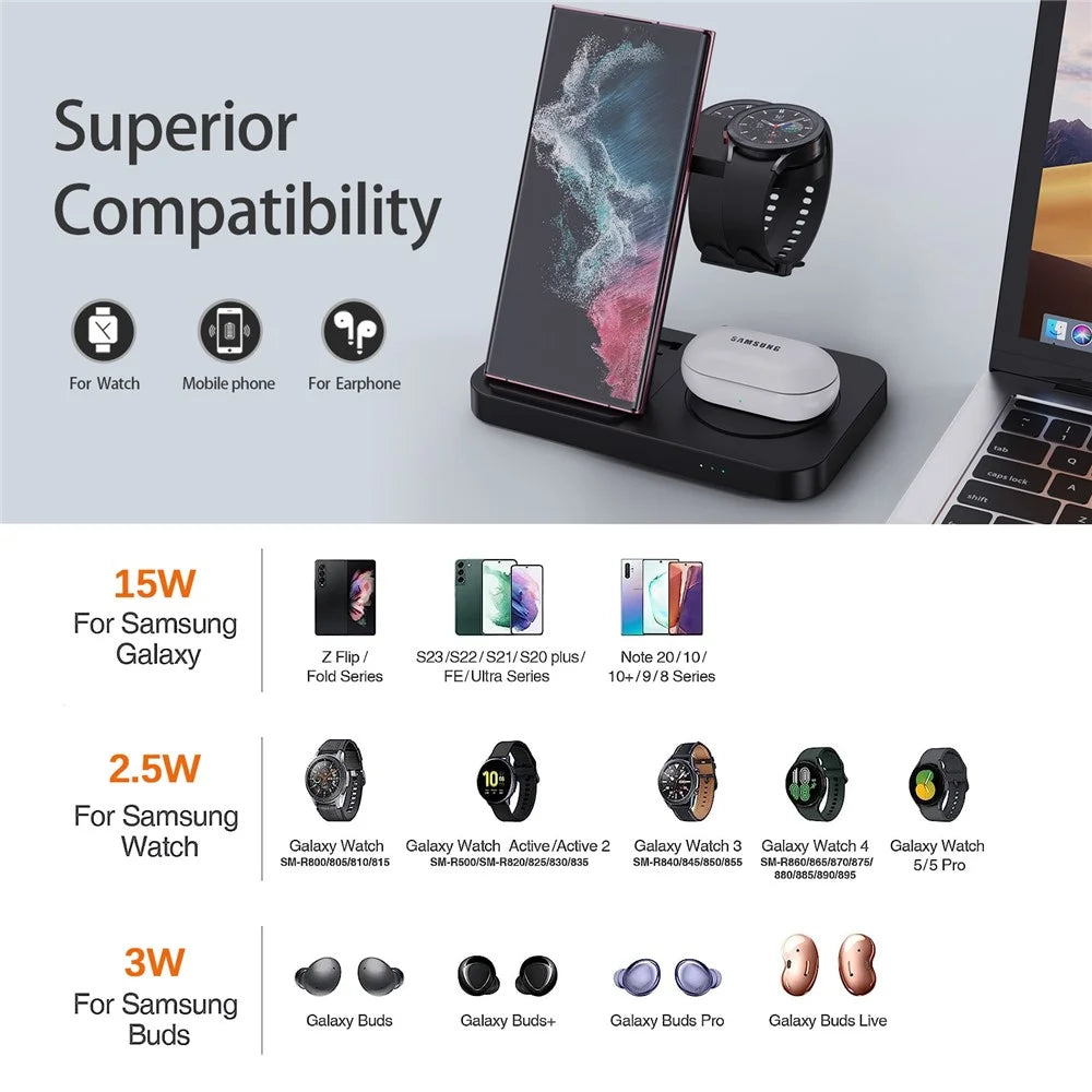 B-18C 3 in 1 Wireless Charger 15W Fast Charging Station Charger Stand for Samsung Galaxy  /  Watch  /  Buds - Black - 3