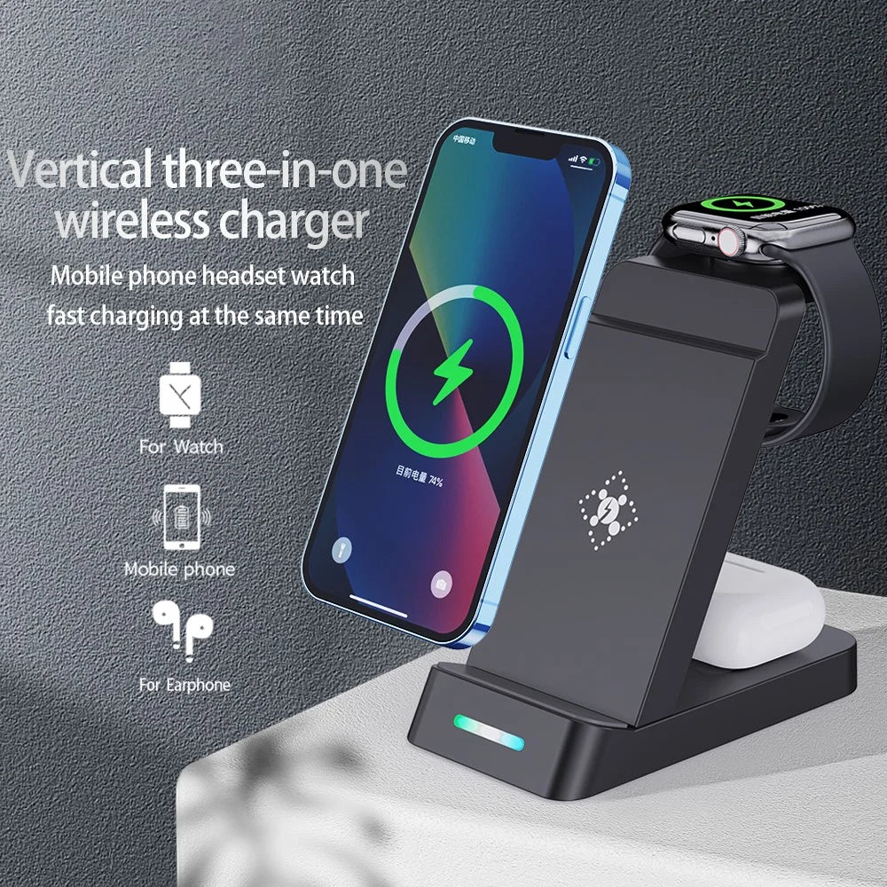 B-20A Vertical Wireless Charger for Apple Watch, iPhone, AirPods 3 in 1 Wireless Charger Stand Dock Station - Black - 2