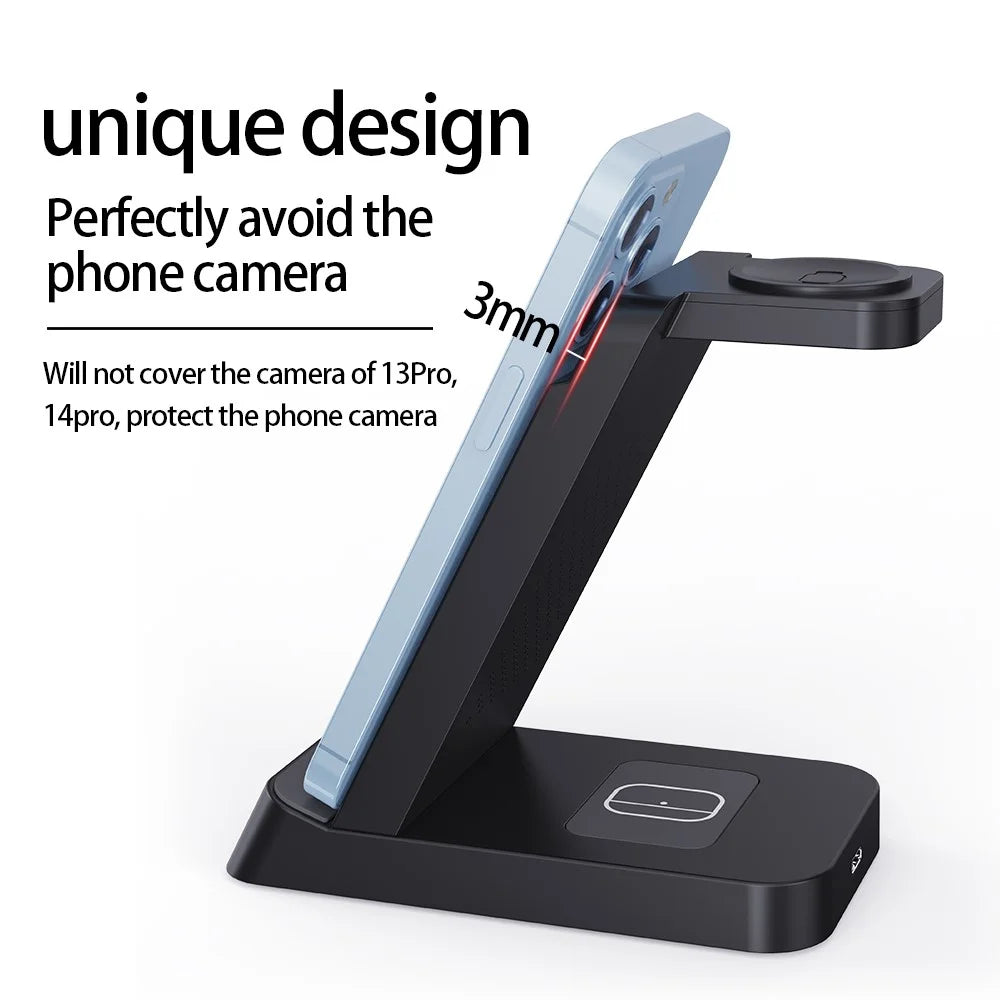 B-20A Vertical Wireless Charger for Apple Watch, iPhone, AirPods 3 in 1 Wireless Charger Stand Dock Station - Black - 4