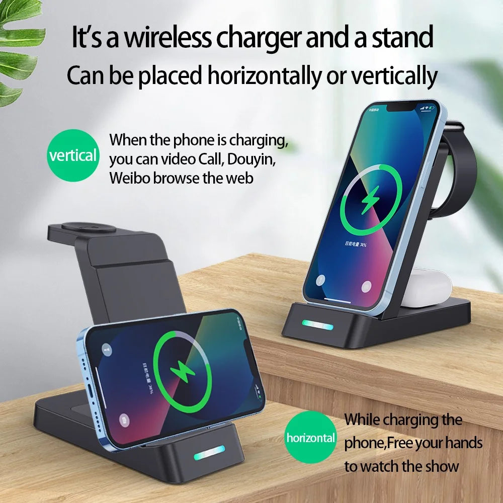 B-20A Vertical Wireless Charger for Apple Watch, iPhone, AirPods 3 in 1 Wireless Charger Stand Dock Station - Black - 6