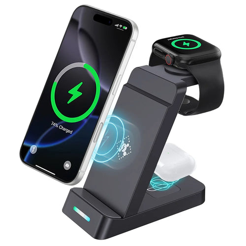 B-20A 3 in 1 Wireless Charging Station 15W Foldable Magnetic Charger Stand for Phone Earbuds Samsung Galaxy Watch 3 / 4 / 5 / 6 / 7 - Black - 1