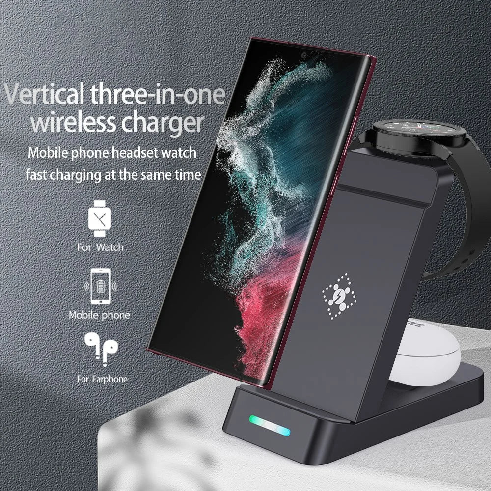B-20A 3 in 1 Wireless Charging Station 15W Foldable Magnetic Charger Stand for Phone Earbuds Samsung Galaxy Watch 3 / 4 / 5 / 6 / 7 - Black - 3