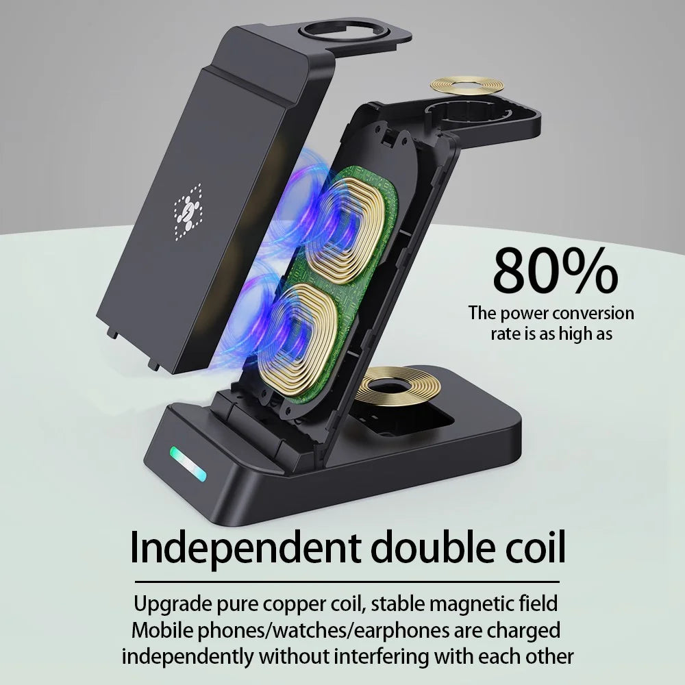 B-20A 3 in 1 Wireless Charging Station 15W Foldable Magnetic Charger Stand for Phone Earbuds Samsung Galaxy Watch 3 / 4 / 5 / 6 / 7 - Black - 4