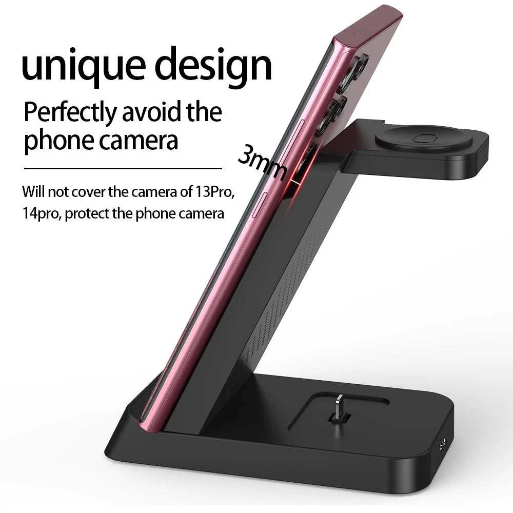 B-20A 3 in 1 Wireless Charging Station 15W Foldable Magnetic Charger Stand for Phone Earbuds Samsung Galaxy Watch 3 / 4 / 5 / 6 / 7 - Black - 5