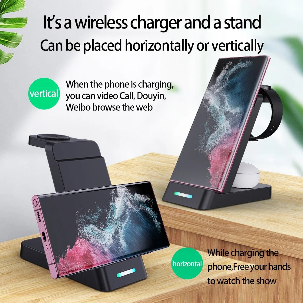 B-20A 3 in 1 Wireless Charging Station 15W Foldable Magnetic Charger Stand for Phone Earbuds Samsung Galaxy Watch 3 / 4 / 5 / 6 / 7 - Black - 7