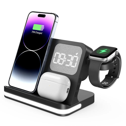 B-22 3 in 1 Wireless Charger 15W Charging Station for iPhone  /  Apple Watch, AirPods with Alarm Clock - Black - 1