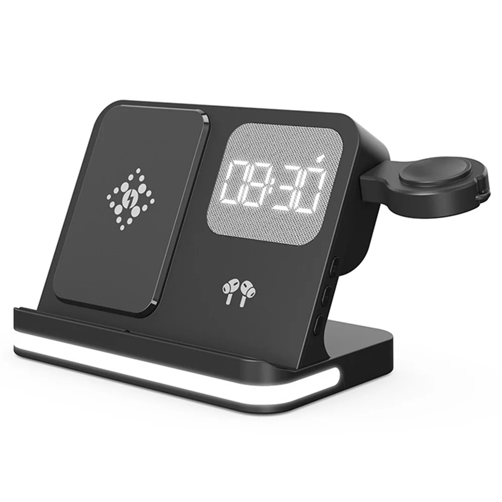 B-22 3 in 1 Wireless Charger 15W Charging Station for iPhone  /  Apple Watch, AirPods with Alarm Clock - Black - 2