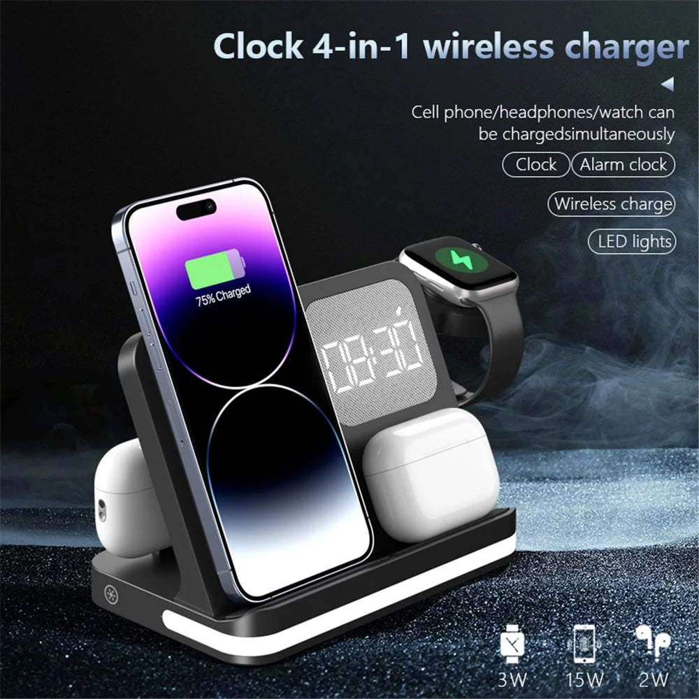 B-22 3 in 1 Wireless Charger 15W Charging Station for iPhone  /  Apple Watch, AirPods with Alarm Clock - Black - 3