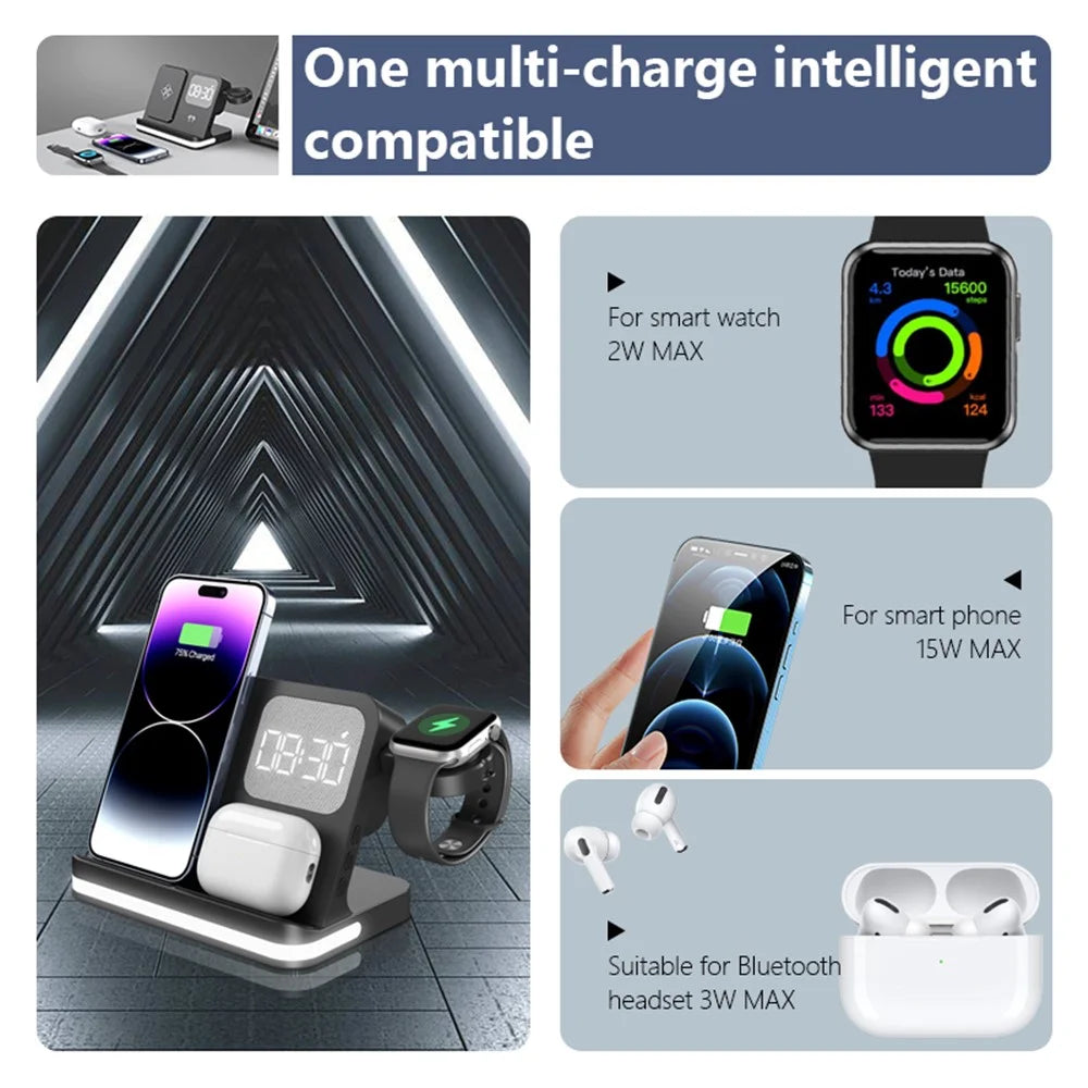 B-22 3 in 1 Wireless Charger 15W Charging Station for iPhone  /  Apple Watch, AirPods with Alarm Clock - Black - 4