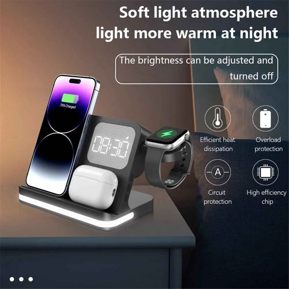 B-22 3 in 1 Wireless Charger 15W Charging Station for iPhone  /  Apple Watch, AirPods with Alarm Clock - Black - 5