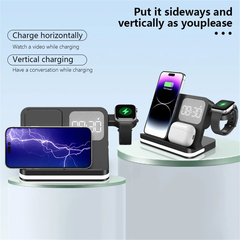 B-22 3 in 1 Wireless Charger 15W Charging Station for iPhone  /  Apple Watch, AirPods with Alarm Clock - Black - 6