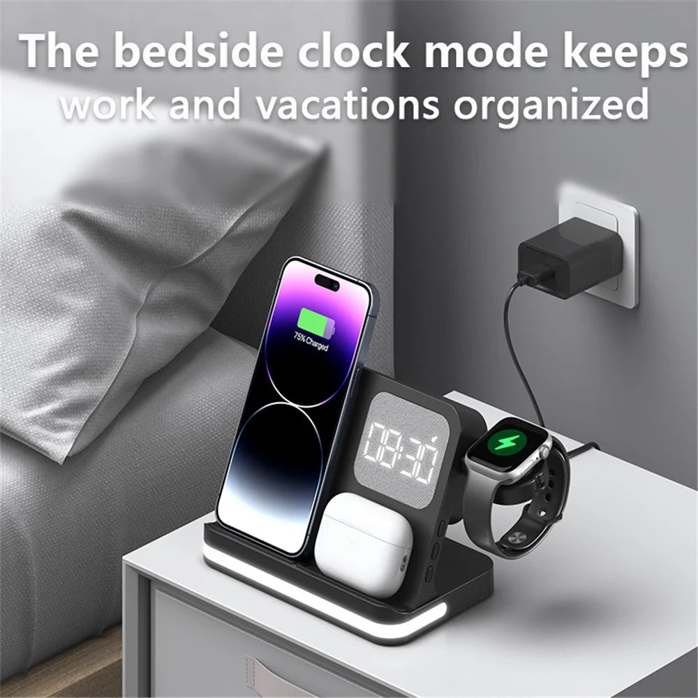 B-22 3 in 1 Wireless Charger 15W Charging Station for iPhone  /  Apple Watch, AirPods with Alarm Clock - Black - 7