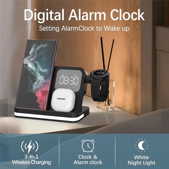B-22 3 in 1 Wireless Charger 15W Charging Station for Samsung Galaxy Phone  /  Watch  /  Buds with Alarm Clock - Black - 3