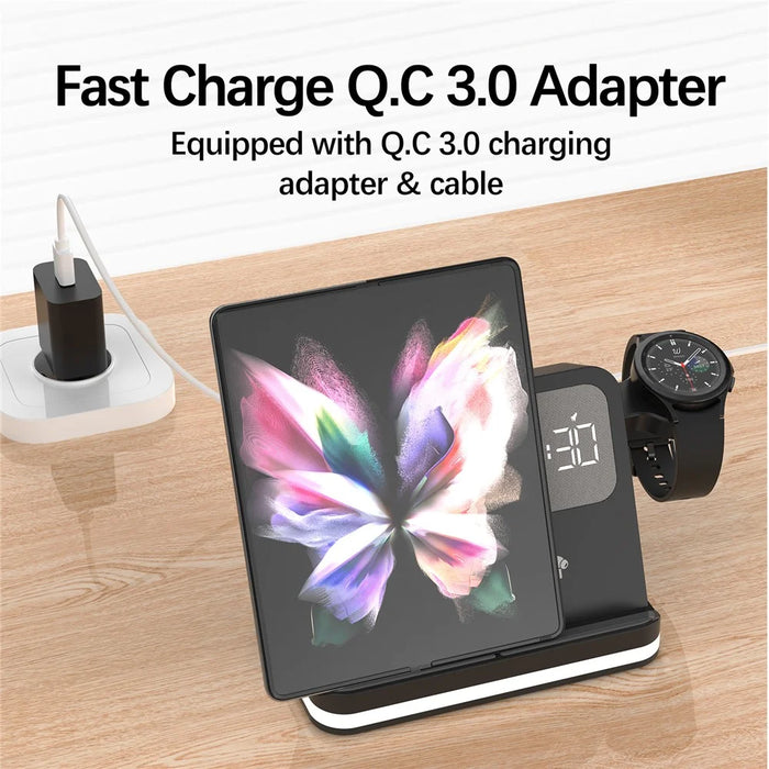 B-22 3 in 1 Wireless Charger 15W Charging Station for Samsung Galaxy Phone  /  Watch  /  Buds with Alarm Clock - Black - 5