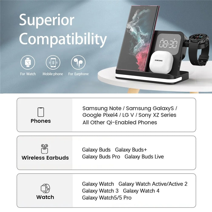 B-22 3 in 1 Wireless Charger 15W Charging Station for Samsung Galaxy Phone  /  Watch  /  Buds with Alarm Clock - Black - 6